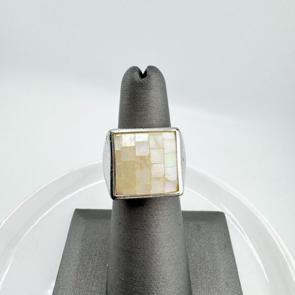 Lia Sophia Silver Tone Mother of Pearl Mosaic Ring Modern Square Statement - Picture 6 of 10